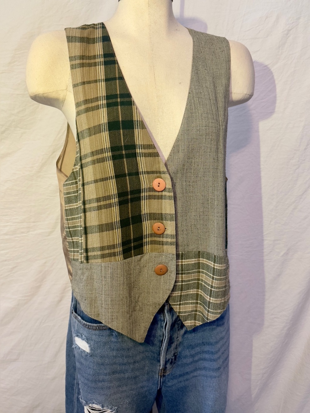 Vintage Taffy Patchwork Plaid Vest Green & Tan Button Front USA Made Medium